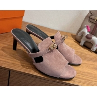 Promotion Hermes Kelly Strap Medium Heel Slides Sandal in Suede Powder Pink HS122201 2026