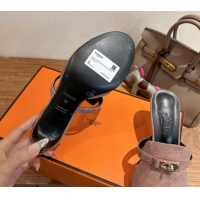 Promotion Hermes Kelly Strap Medium Heel Slides Sandal in Suede Powder Pink HS122201 2026