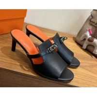Most Popular Hermes Kelly Strap Medium Heel Slides Sandal in Calfskin Leather Black/Orange HS122201 2026