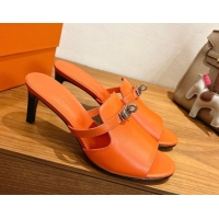 Charming Hermes Kelly Strap Medium Heel Slides Sandal in Calfskin Leather HS122201 Orange 2026