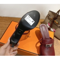 Best Grade Hermes Kelly Strap Medium Heel Slides Sandal in Calfskin Leather HS122201 Dark Burgundy 2026
