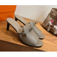 Top Grade Hermes Kelly Strap Medium Heel Slides Sandal in Calfskin Leather HS122201 Grey 2026