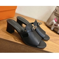 Leisure Hermes Kelly Strap Low Heel Slides Sandal in Calfskin Leather HS122201 Black 2026