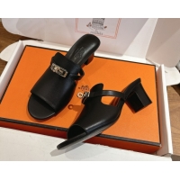 Leisure Hermes Kelly Strap Low Heel Slides Sandal in Calfskin Leather HS122201 Black 2026
