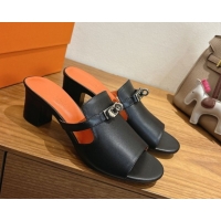 Buy Luxury Hermes Kelly Strap Low Heel Slides Sandal in Calfskin Leather HS122201 Black/Orange 2026