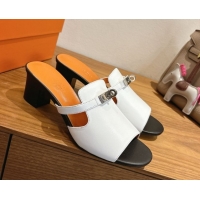 Durable Hermes Kelly Strap Low Heel Slides Sandal in Calfskin Leather HS122201 White/Orange 2026