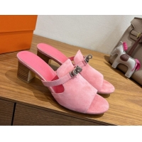 Good Product Hermes Kelly Strap Low Heel Slides Sandal in Suede HS122201 Light Pink 2026