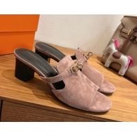 Popular Style Hermes Kelly Strap Low Heel Slides Sandal in Suede HS122201 Powder Pink 2026
