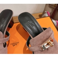 Popular Style Hermes Kelly Strap Low Heel Slides Sandal in Suede HS122201 Powder Pink 2026