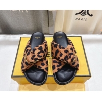 Best Grade Fendi Feel Flat Slides Sandal in Leopard Print with D-ring Buckle Brown 1216060