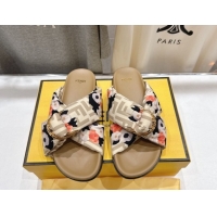 Low Cost Fendi Feel Flat Slides Sandal in Printed FF Fabric with D-ring Buckle Beige 1216061