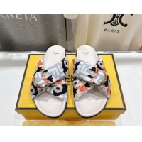 Shop Duplicate Fendi Feel Flat Slides Sandal in Printed FF Fabric with D-ring Buckle White 51216062