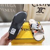 Shop Duplicate Fendi Feel Flat Slides Sandal in Printed FF Fabric with D-ring Buckle White 51216062