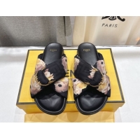 Low Price Fendi Feel Flat Slides Sandal in Printed FF Fabric with D-ring Buckle Black/Multicolor 51216063