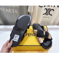Low Price Fendi Feel Flat Slides Sandal in Printed FF Fabric with D-ring Buckle Black/Multicolor 51216063