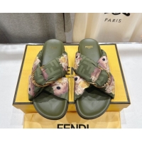 Best Price Fendi Feel Flat Slides Sandal in Printed FF Fabric with D-ring Buckle Green 51216065