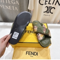 Best Price Fendi Feel Flat Slides Sandal in Printed FF Fabric with D-ring Buckle Green 51216065
