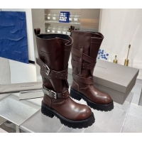 Good Quality Balenciaga Women's Venom High Boots 5cm with Strap Buckle in Calfskin Leather Brown 1104103
