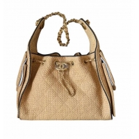 Top Grade Chanel 25 Mini Handbag Braided Raffia With Calfskin AS5631 Beige/Black In Gold Hardware