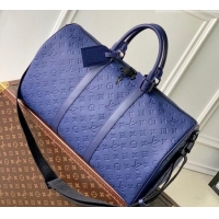 Best Price Louis Vuitton Men's Keepall Bandoulière 50 Travel Bag in Monogram Taurillon Leather M11495 Blue 2026