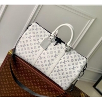 Best Price Louis Vuitton Men's Keepall Bandoulière 50 Travel Bag in Monogram Shadow Leather M24953 White/Blue 2026