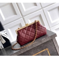 Famous Brand Chanel Lambskin Leather & Pearls Clutch with Chain AS5912 Burgundy 2026
