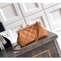 New Design Chanel Lambskin Leather & Pearls Clutch with Chain AS5912 Caramel Brown 2026