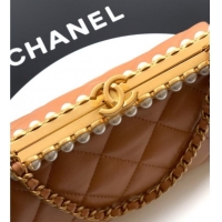 New Design Chanel Lambskin Leather & Pearls Clutch with Chain AS5912 Caramel Brown 2026