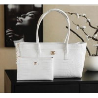 Free Shipping Chanel Medium Shopping Tote Bag in Crocodile Embossed Calfskin Leather AS2157 White 2026