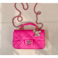 Inexpensive Chanel Lambskin Leather Mini Classic Flap Handbag With Top Handle and Bow Charm AS2431 Fuchsia 2026