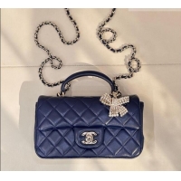 Buy Grade Chanel Lambskin Leather Mini Classic Flap Handbag With Top Handle and Bow Charm AS2431 Navy Blue 2026