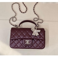 Well Crafted Chanel Lambskin Leather Mini Classic Flap Handbag With Top Handle and Bow Charm AS2431 Dark Burgundy 2026