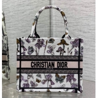 Charming Dior Small Book Tote Bag in Latte White Multicolor Butterflies & Iris Purple Embroidery 60126081 2026