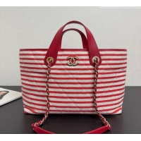Traditional Discount Chanel Striped Printed Fabric Shopping Bag AS6007 Red 2026