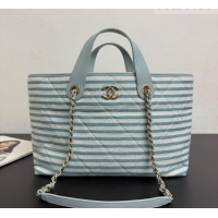 Luxury Discount Chanel Striped Printed Fabric Shopping Bag AS6007 Blue 2026