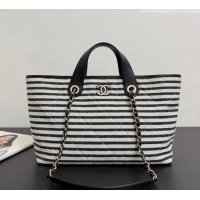 Good Taste Chanel Striped Printed Fabric Shopping Bag AS6007 Black 2026