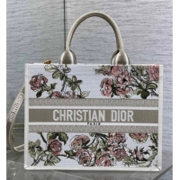 Popular Style Dior Medium Book Tote Bag in Multicolor Roses Embroidery and Latte White Calfskin 60126086 2026