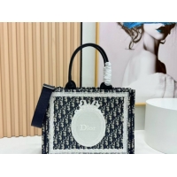 Buy Fashionable Dior Medium Book Tote Bag in Blue Oblique Embroidery with White Lace and Dior Médaillon 0127065 2026