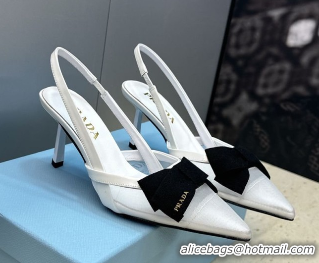 Good Quality Prada Mesh fabric slingbacks pump 7.5cm with bow White 1I308O 0227089