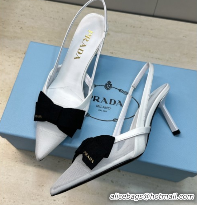 Good Quality Prada Mesh fabric slingbacks pump 7.5cm with bow White 1I308O 0227089