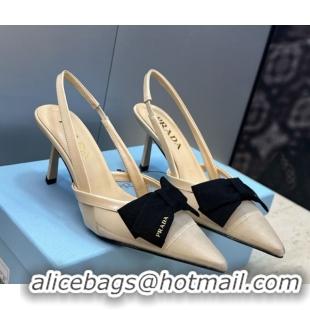 Grade Quality Prada Mesh fabric slingbacks pump 7.5cm with bow Beige 1I308O 0227090