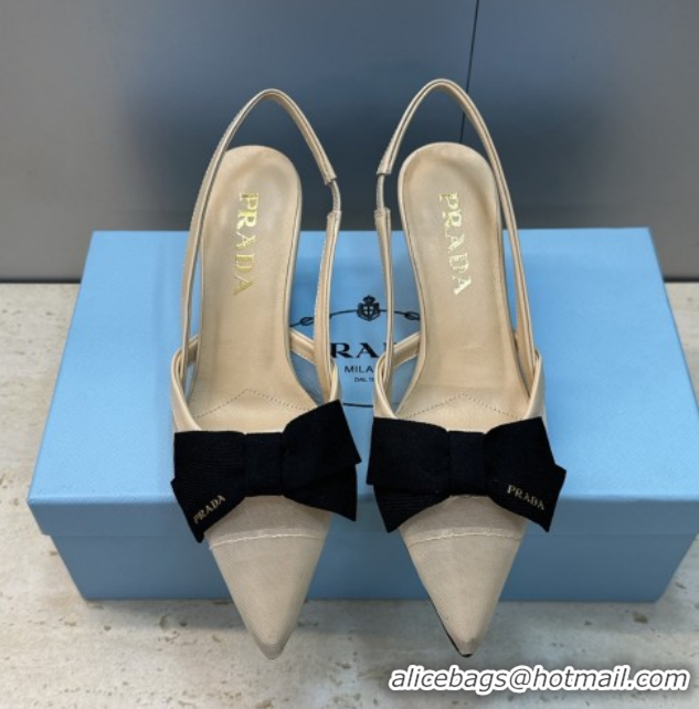 Grade Quality Prada Mesh fabric slingbacks pump 7.5cm with bow Beige 1I308O 0227090