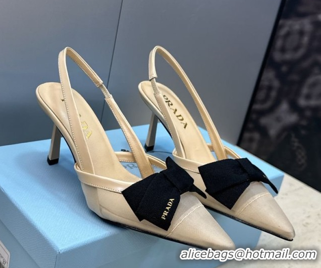 Grade Quality Prada Mesh fabric slingbacks pump 7.5cm with bow Beige 1I308O 0227090