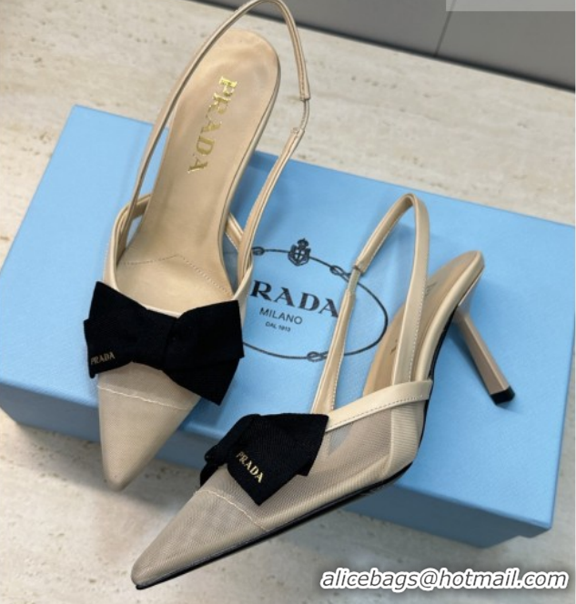 Grade Quality Prada Mesh fabric slingbacks pump 7.5cm with bow Beige 1I308O 0227090