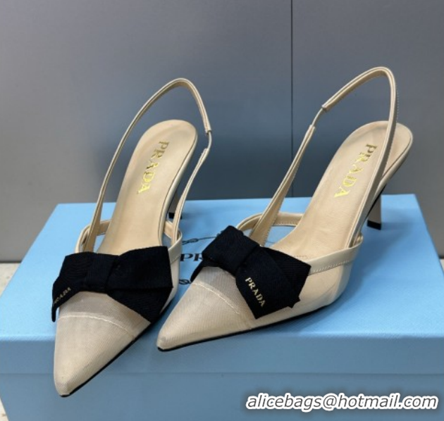 Grade Quality Prada Mesh fabric slingbacks pump 7.5cm with bow Beige 1I308O 0227090