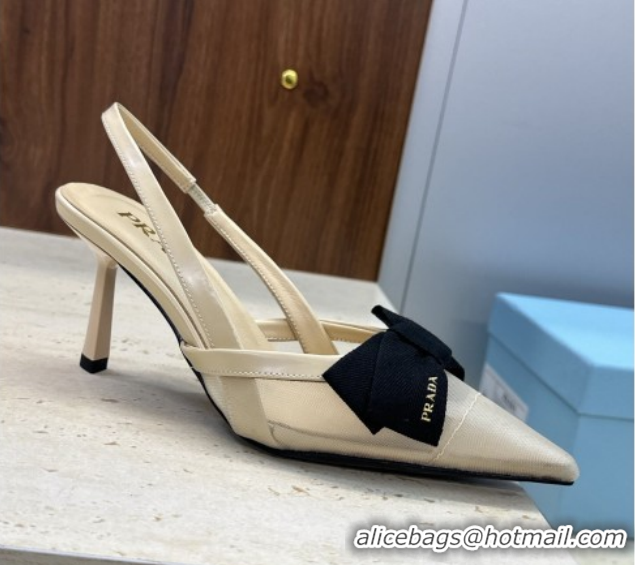 Grade Quality Prada Mesh fabric slingbacks pump 7.5cm with bow Beige 1I308O 0227090