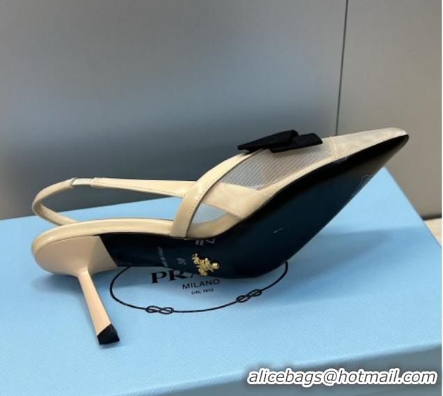 Grade Quality Prada Mesh fabric slingbacks pump 7.5cm with bow Beige 1I308O 0227090