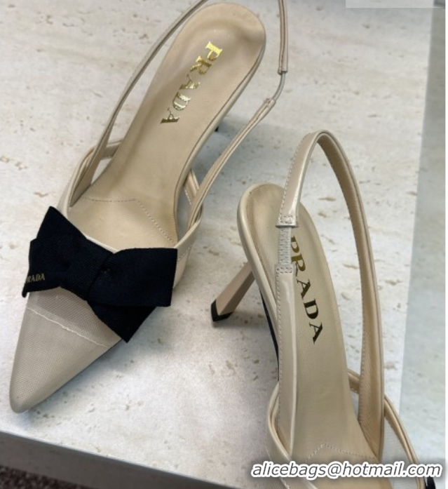 Grade Quality Prada Mesh fabric slingbacks pump 7.5cm with bow Beige 1I308O 0227090