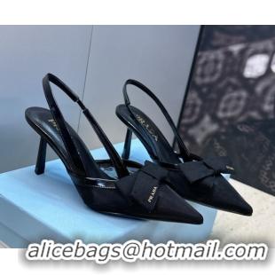 Best Grade Prada Mesh fabric slingbacks pump 7.5cm with bow Black 1I308O 0227091