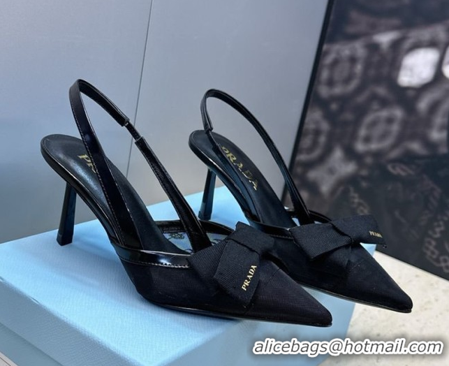 Best Grade Prada Mesh fabric slingbacks pump 7.5cm with bow Black 1I308O 0227091